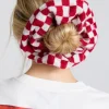 knitted scrunchie in red u0026 ecru gingham