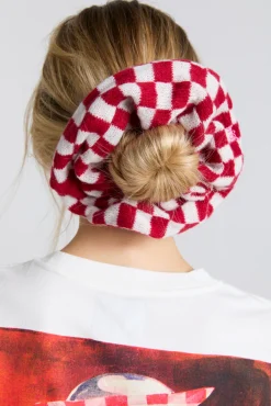 knitted scrunchie in red u0026 ecru gingham