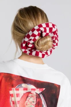 knitted scrunchie in red u0026 ecru gingham