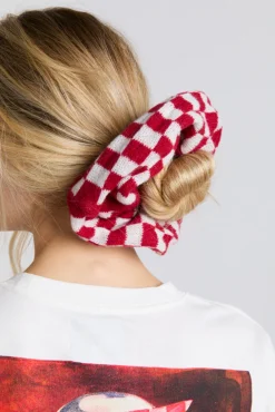 knitted scrunchie in red u0026 ecru gingham