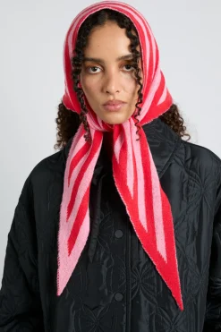 knitted triangle headscarf in pink u0026 red stripe