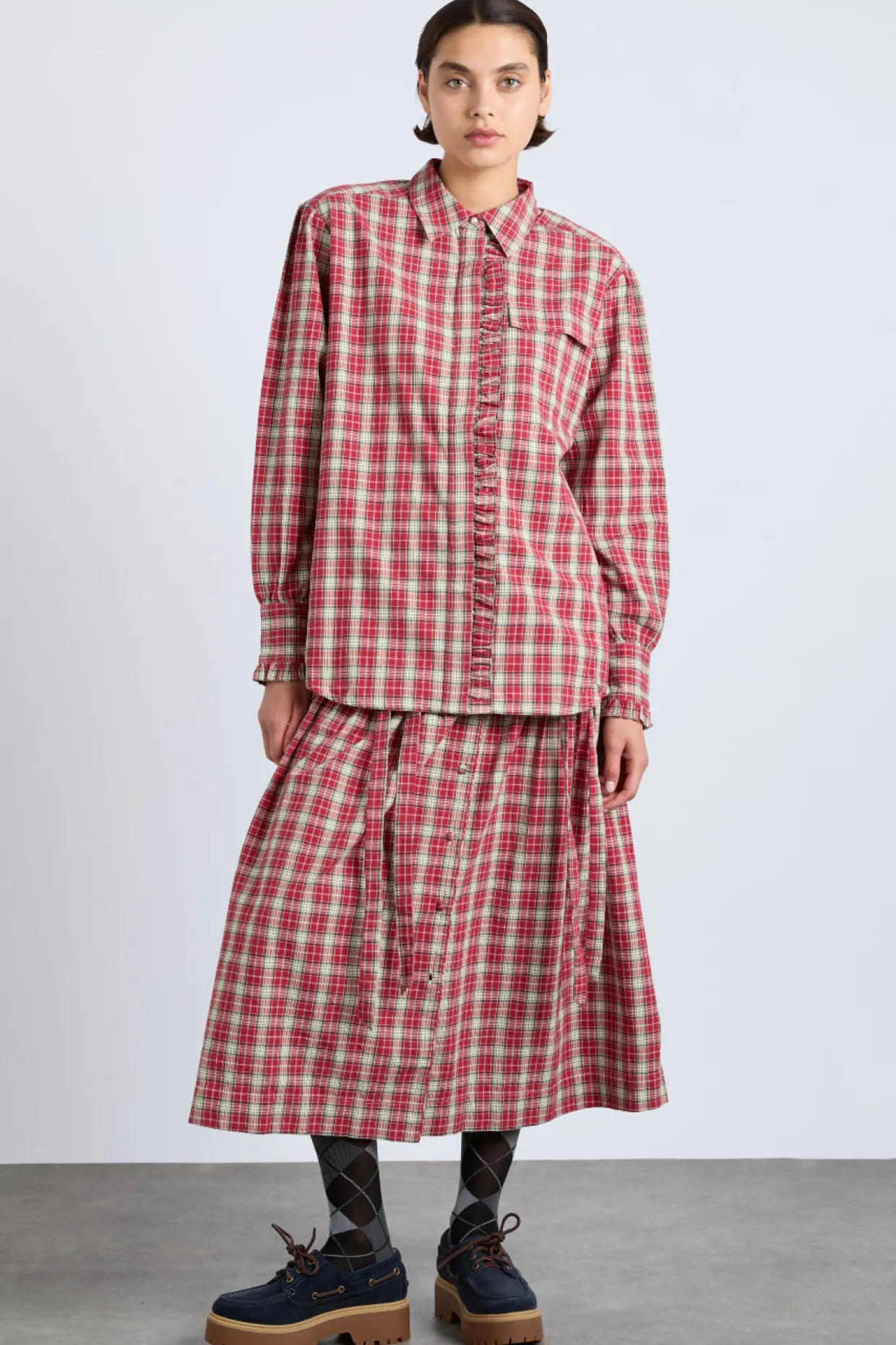 kylie ruffle shirt - red check