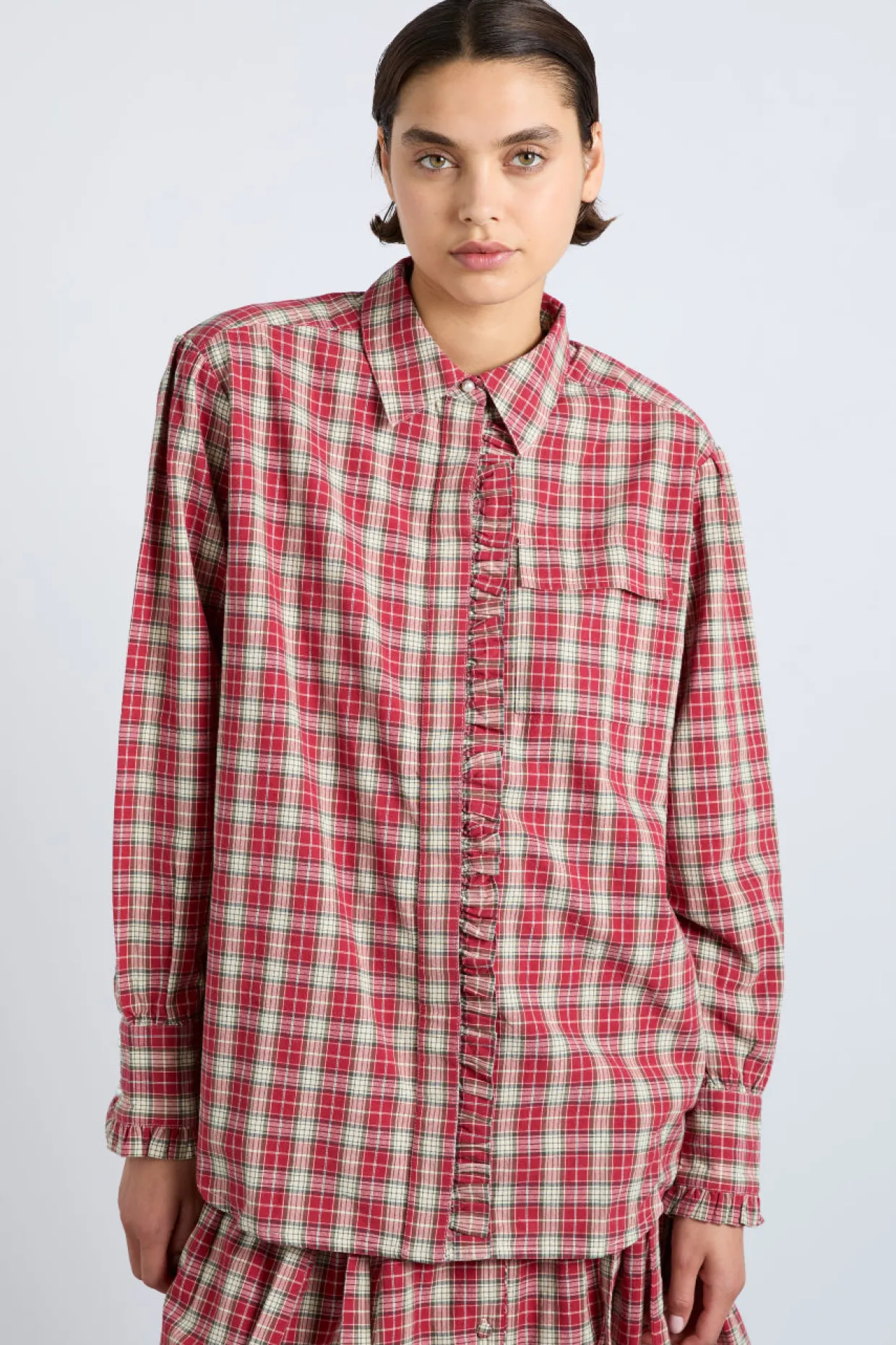 kylie ruffle shirt - red check