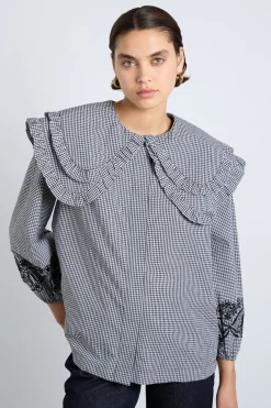 lois double collar blouse - black gingham