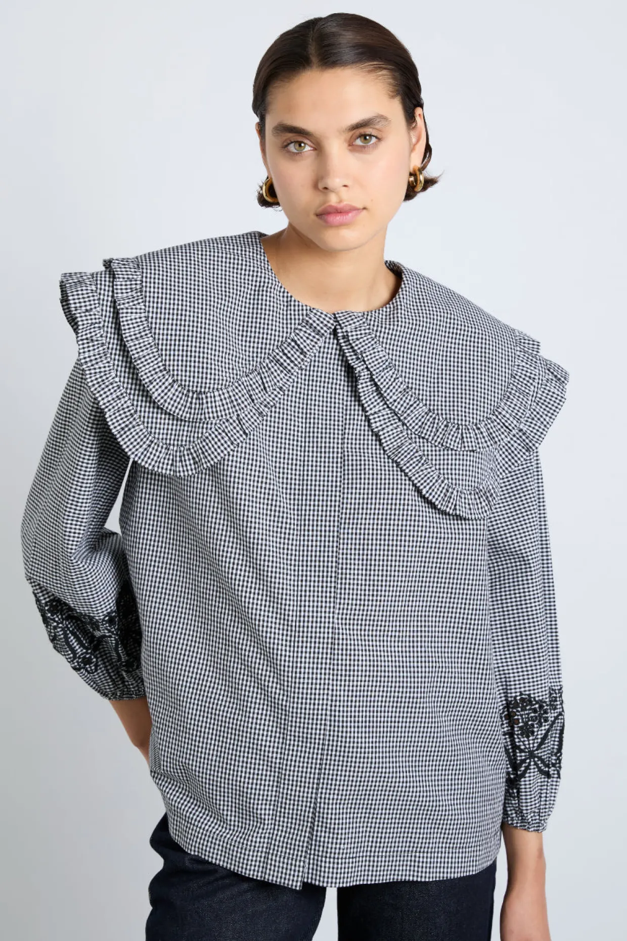 lois double collar blouse - black gingham