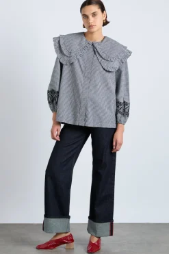 lois double collar blouse - black gingham