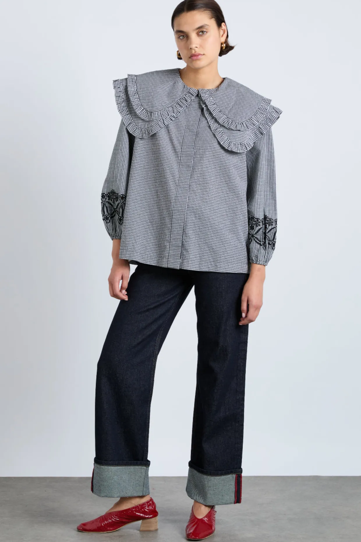 lois double collar blouse - black gingham