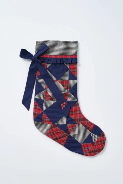 patchwork bow christmas stocking - navy, gingham u0026 red check