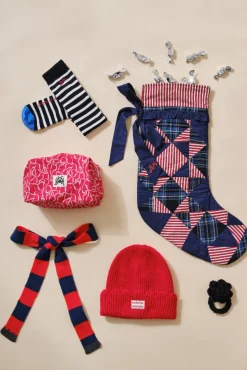 patchwork bow christmas stocking - navy, check u0026 red stripe