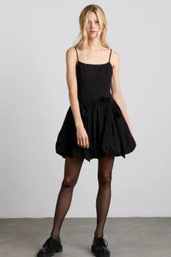 penelope embroidered bubble hem mini dress - black broderie