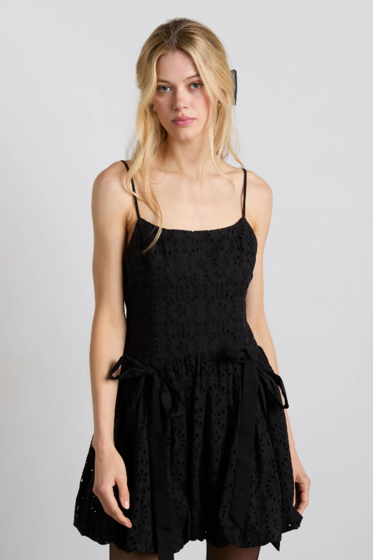 penelope embroidered bubble hem mini dress - black broderie