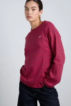 red and navy stripe long sleeve top