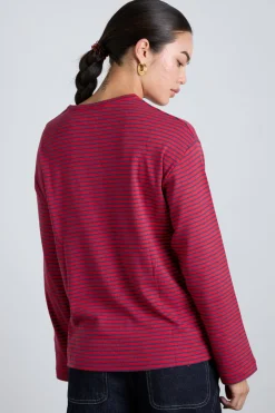 red and navy stripe long sleeve top