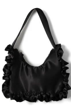 90s frill shoulder bag in satin - black