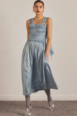 tish midi dress - blue glass satin
