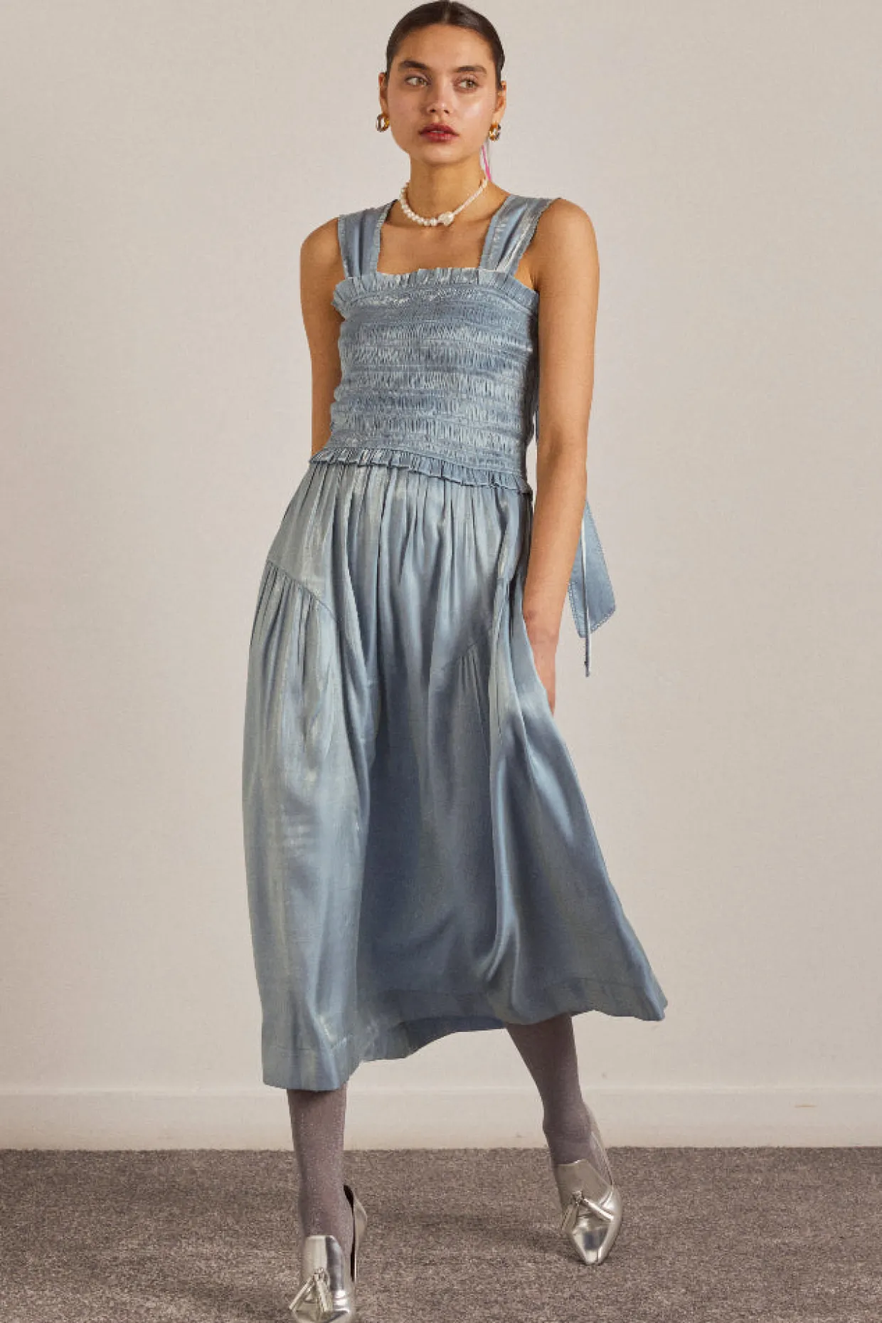 tish midi dress - blue glass satin