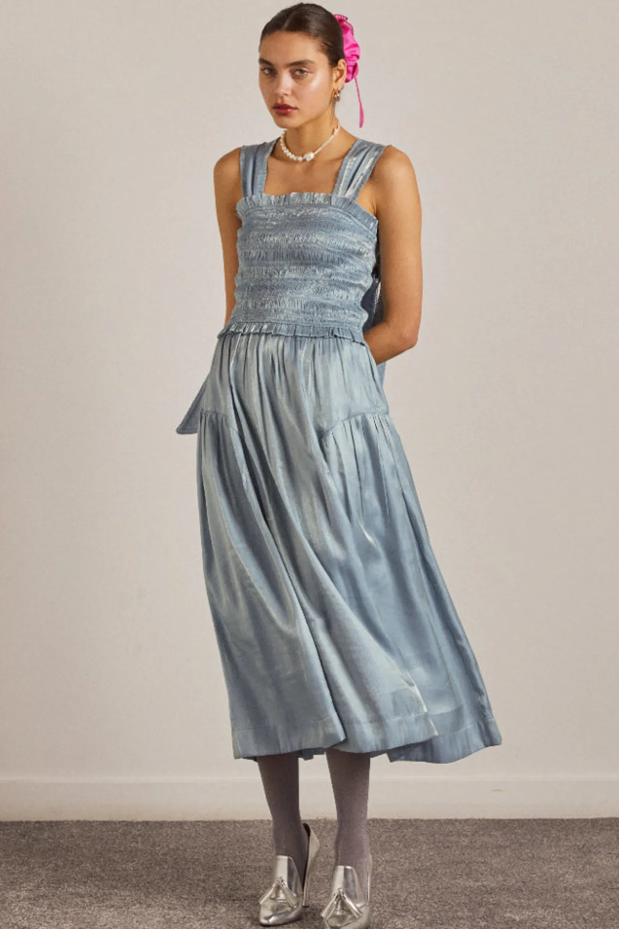 tish midi dress - blue glass satin