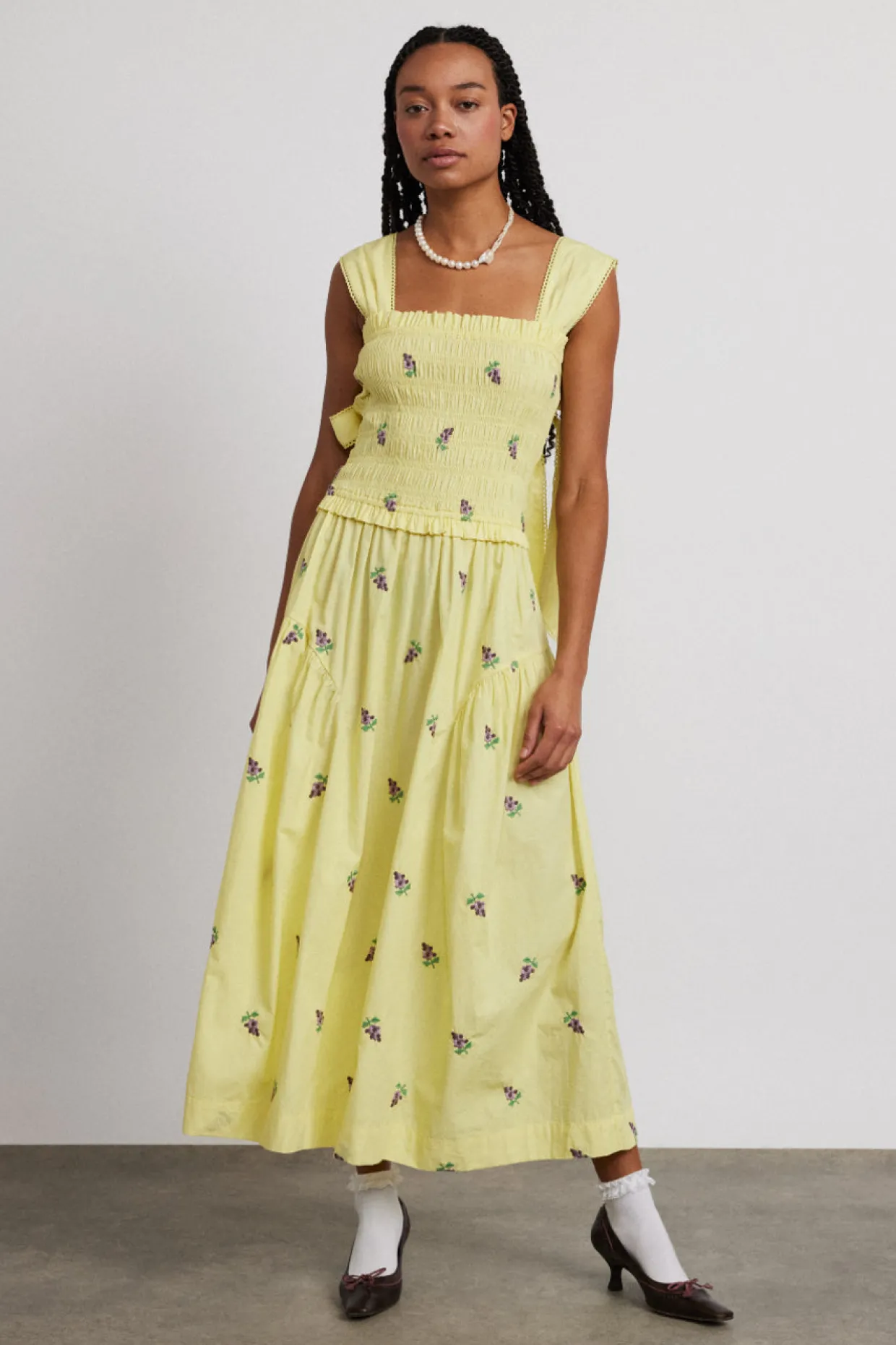 tish poplin midi dress - grape embroidery