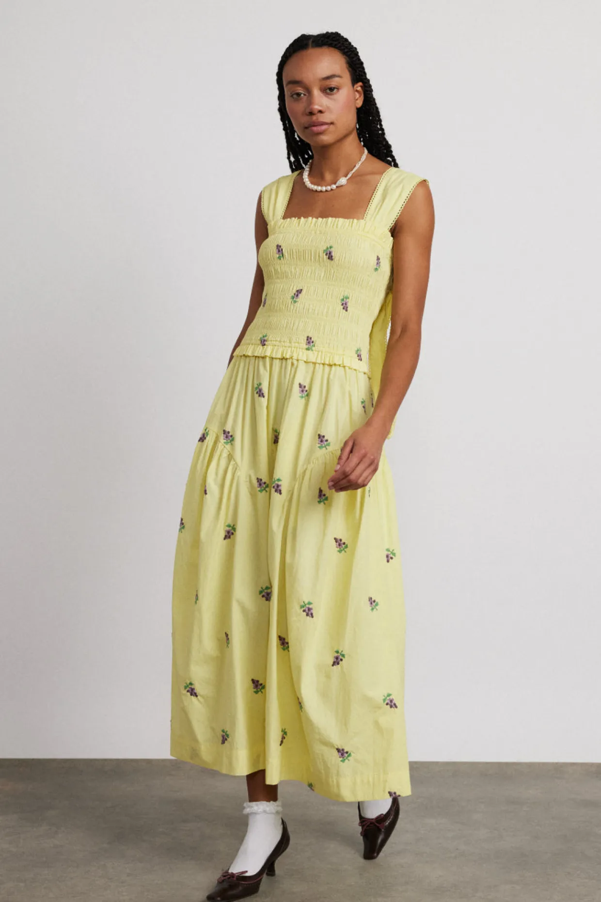 tish poplin midi dress - grape embroidery